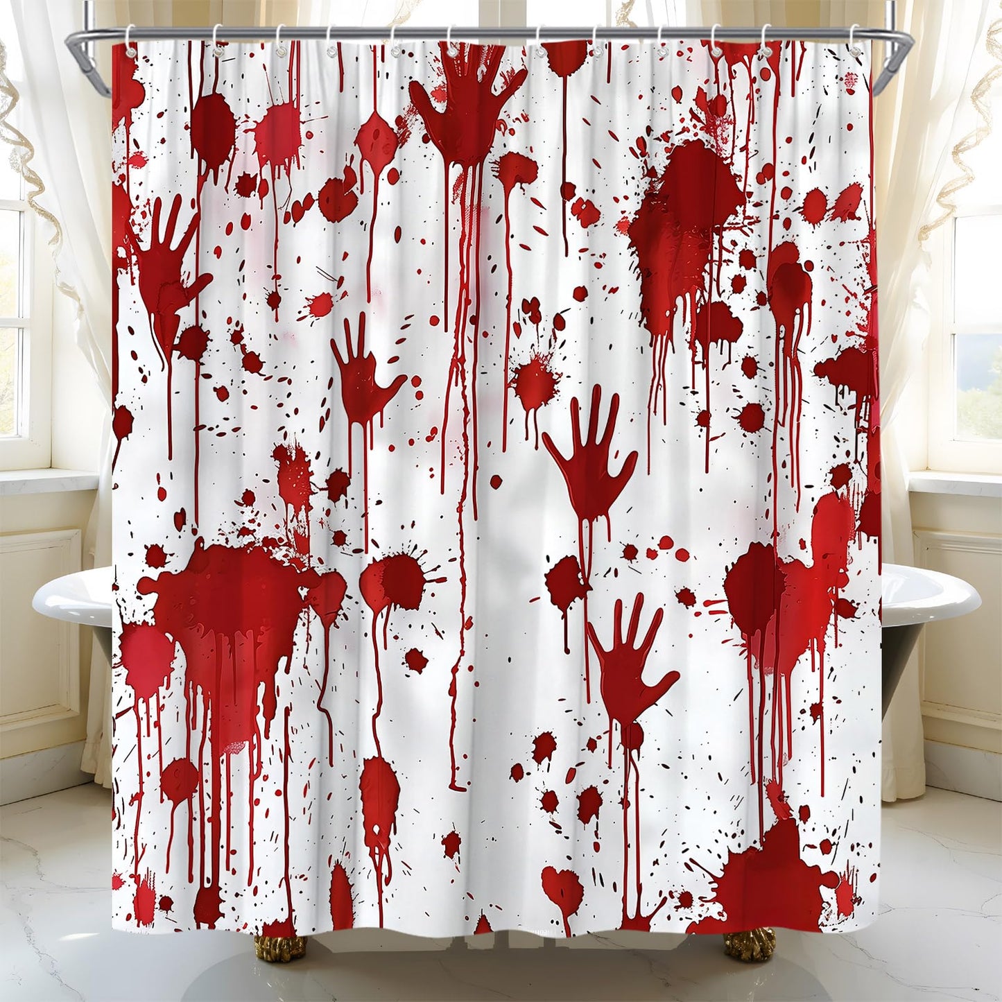 HWSSHW Bloody Halloween Shower Curtain Scary Horror Blood Handprint Red Splash Gothic Spooky Mysterious Terror Fabric Bathroom Decor Bath Curtain with Hooks