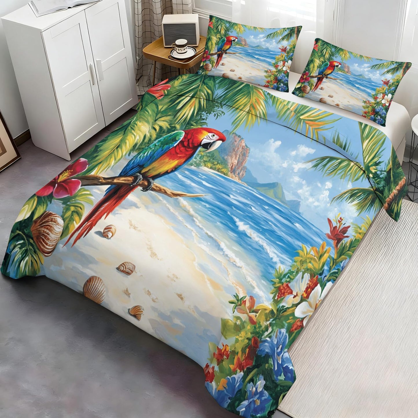 GKPLY Tropical Parrot Duvet Cover Queen, Coastal Ocean Bedding Set, Jungle Artwork Comforter Cover with Zipper & Ties, 3 Pieces Reversible Summer Bedding, 2 Pillowcases