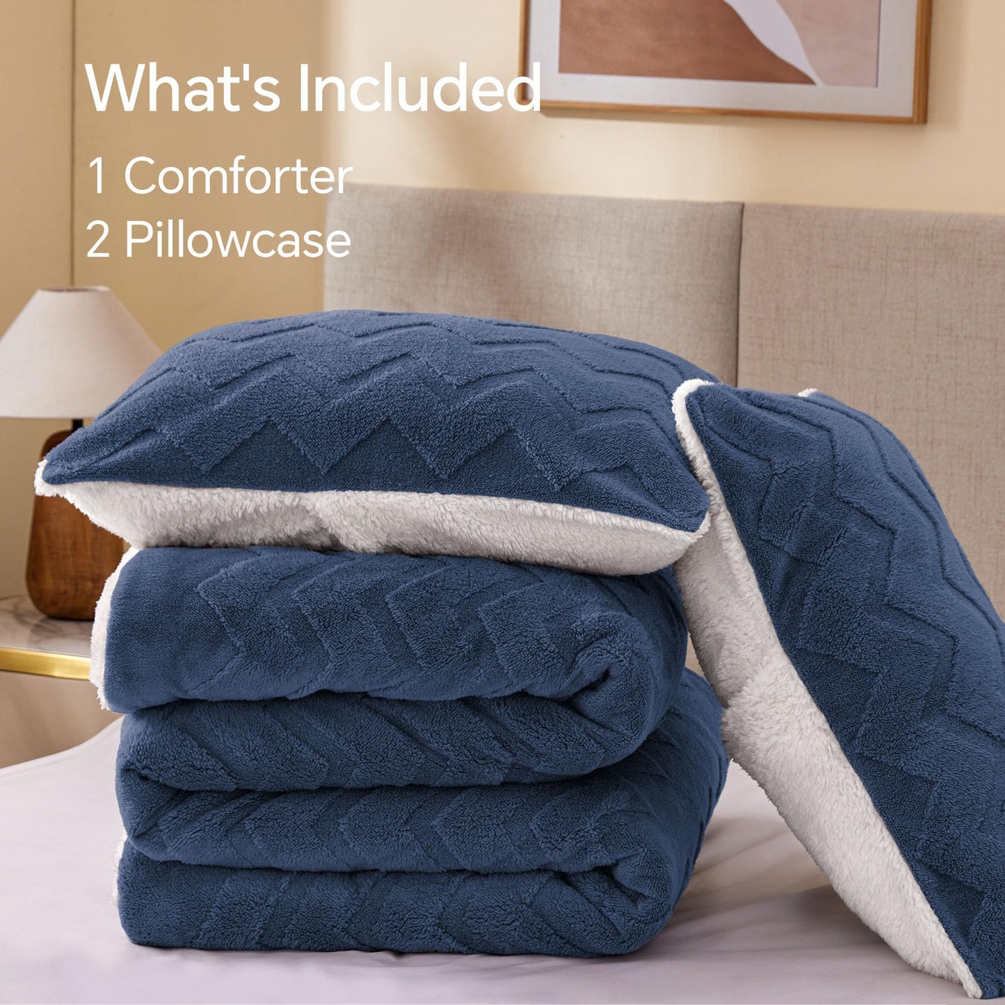 BEDELITE Fluffy Queen Comforter Set - Super Soft Sherpa Navy Comforter for Queen Size Bed, Luxury Warm Bedding Set for Winter, Fuzzy Bed Set 3 Pieces (1 Comforter, 2 Pillowcases)