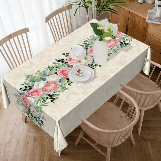 Kwlegh Spring Summer Tablecloth 60x84 Inch Rectangular Pink White Rose Flower Table Cover Green Eucalyptus Leaves Reusable Washable Tablecloths for Dining Decor Party Picnic Indoor Outdoor