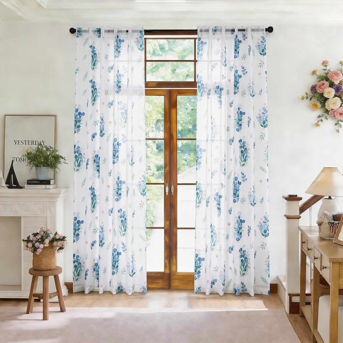 youleyar Floral Sheer Curtains for Living Room 84 Inches Long 2 Panels White Semi-Sheer Curtain with Blue Floral Printed Pattern Summer/Spring Rod Pocket Voile Drapes for Bedroom, 52" W x 84" L