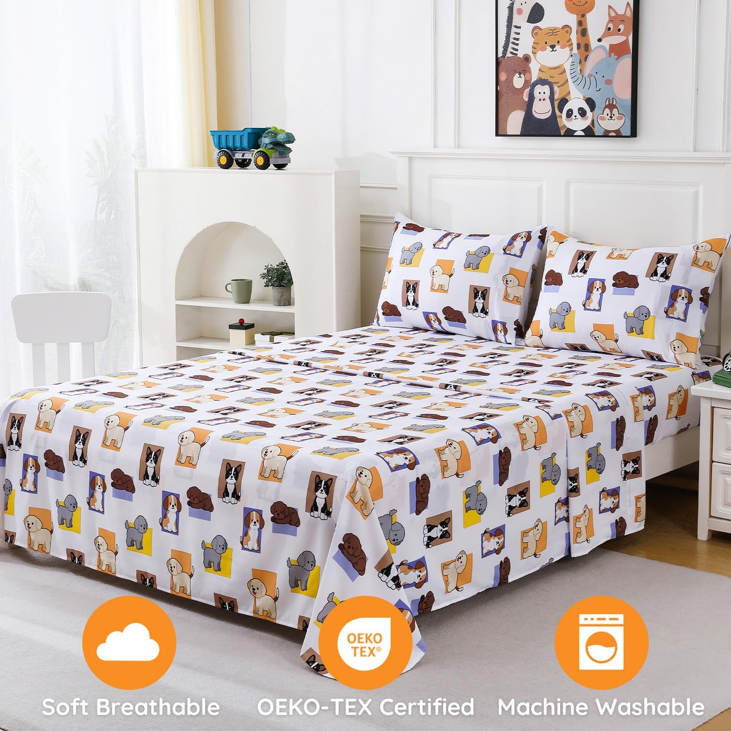 MCO Pet Dog Twin Sheets Set for Kids, Soft Microfiber Bed Sheet Set for Boy Girls, 3 Pieces Breathable Twin Sheets with 1 Flat Sheet 66" x 96", 1 Fitted Sheet 39" x 75", 1 Pillowcase 20" x 30"