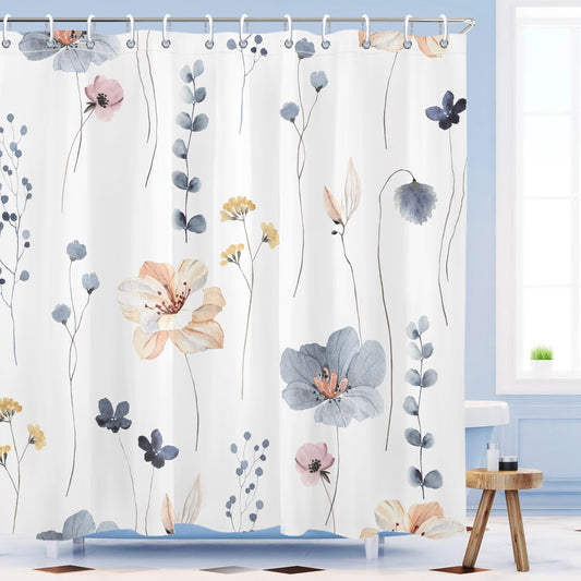 Mayormyth Watercolor Floral Shower Curtain Blue Beige Flower Plant Shower Curtains for Bathroom Decor Modern Minimalist Shower Curtain Set Polyester Waterproof Cloth Fabric with Hooks 72x72 Inches