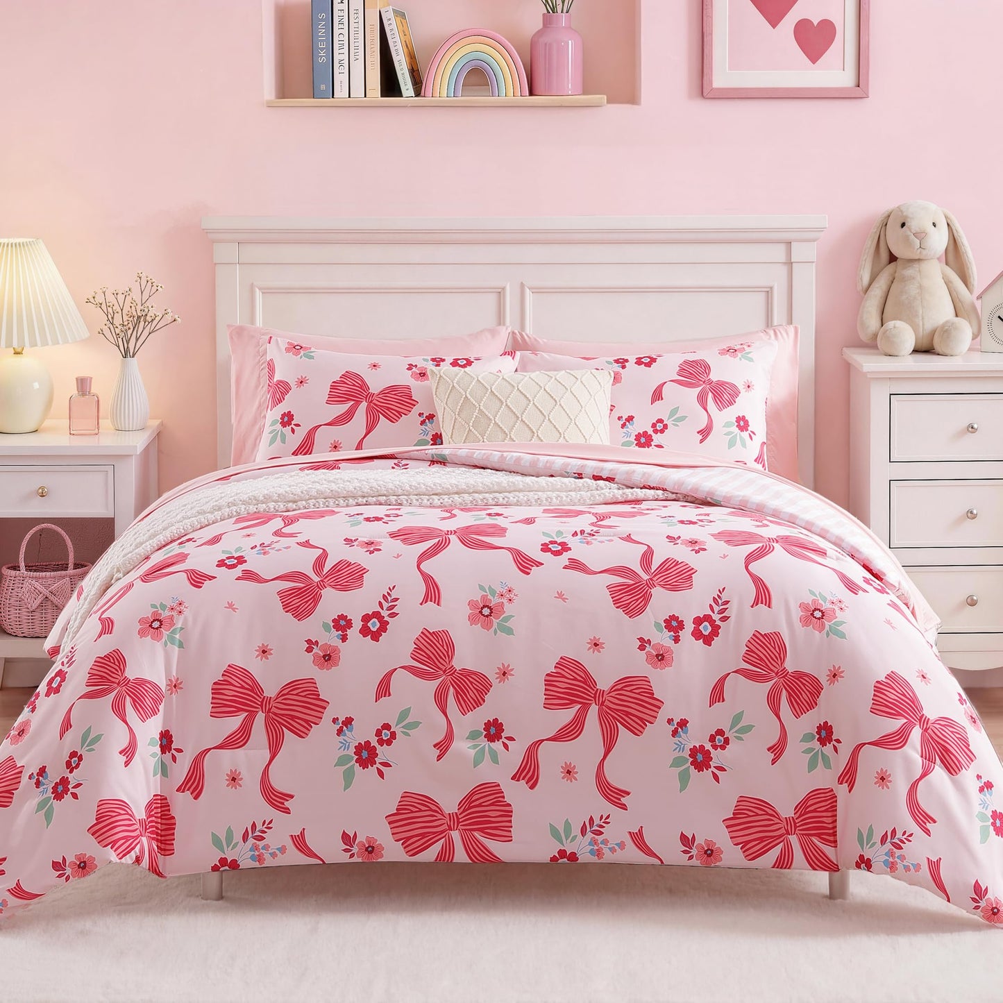 AMBERSPACE Twin XL Comforter Set for Girls, Pink Bow Bedding Set with Cute Floral, All Season Kids Dorm Bed in a Bag 5 Pieces with Sheets, Pillowcase & Sham