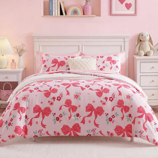 AMBERSPACE Twin XL Comforter Set for Girls, Pink Bow Bedding Set with Cute Floral, All Season Kids Dorm Bed in a Bag 5 Pieces with Sheets, Pillowcase & Sham