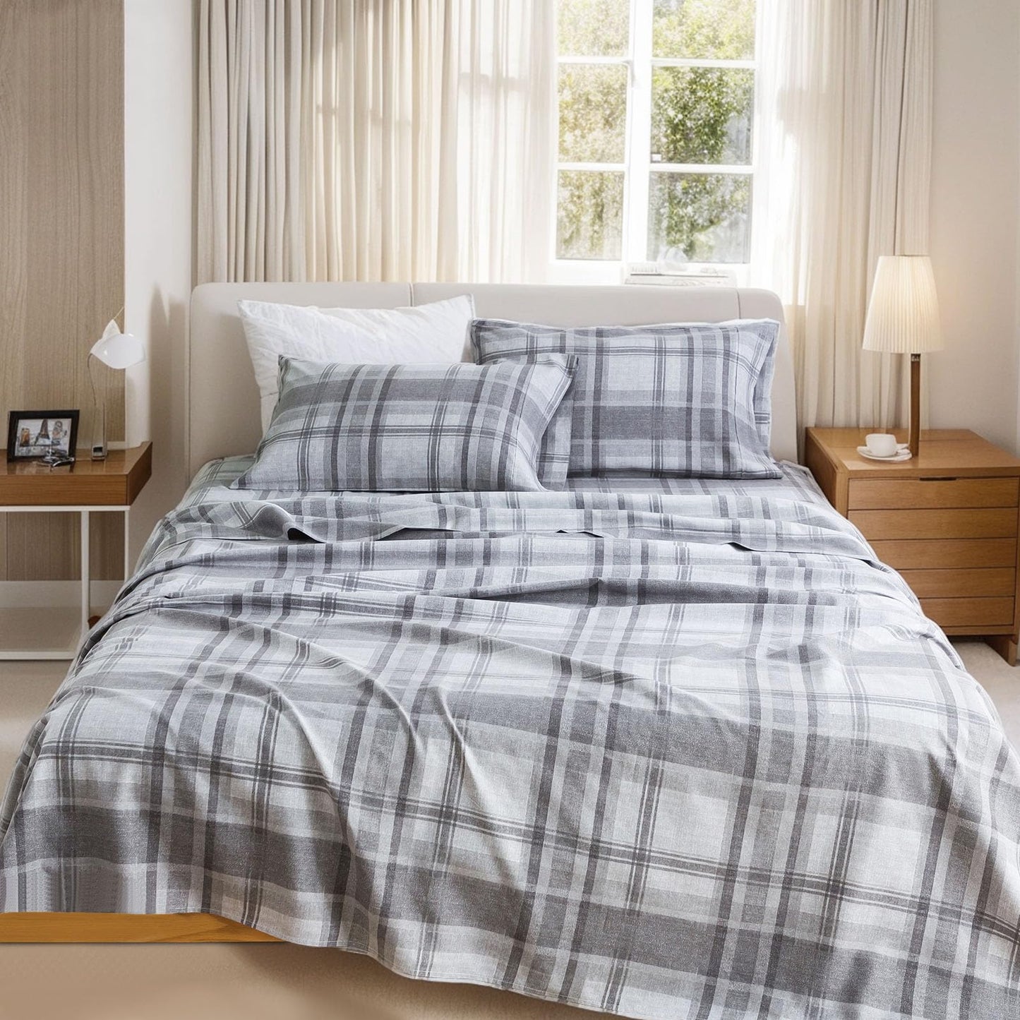 King Sheets Set 4PC - Soft Cooling 1800 Thread Count Microfiber Printed Sheet, 8 - 17" Deep Pocket Breathes Better, Hypoallergenic, Wrinkle Free, Machine Washable Grey Plaid Patterned Double Bedding