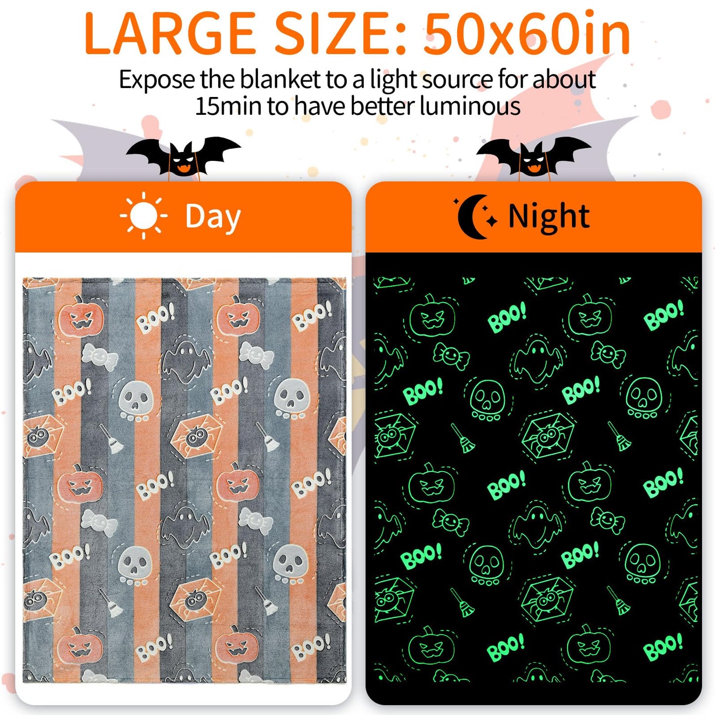 LIFEYJ Glow in The Dark Halloween Blanket Gifts for Girls Boys, Soft Pumpkin Blanket 3 4 5 6 7 8 9 10 Year Old Girl Gifts, Girls Toys Age 6-8, Girls Gifts for Birthday, 50"x60"