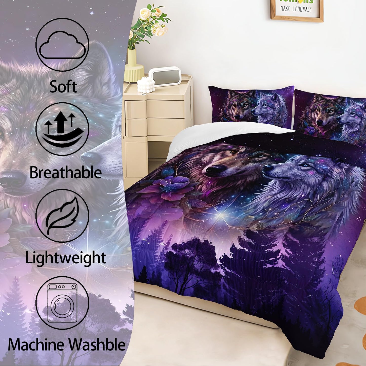 AILONEN Wolf Comforter Set Queen Size - 3Pcs Purple Starry Night Galaxy Bedding for Boys Men, Wild Animals Print Duvet with 2 Pillowcases