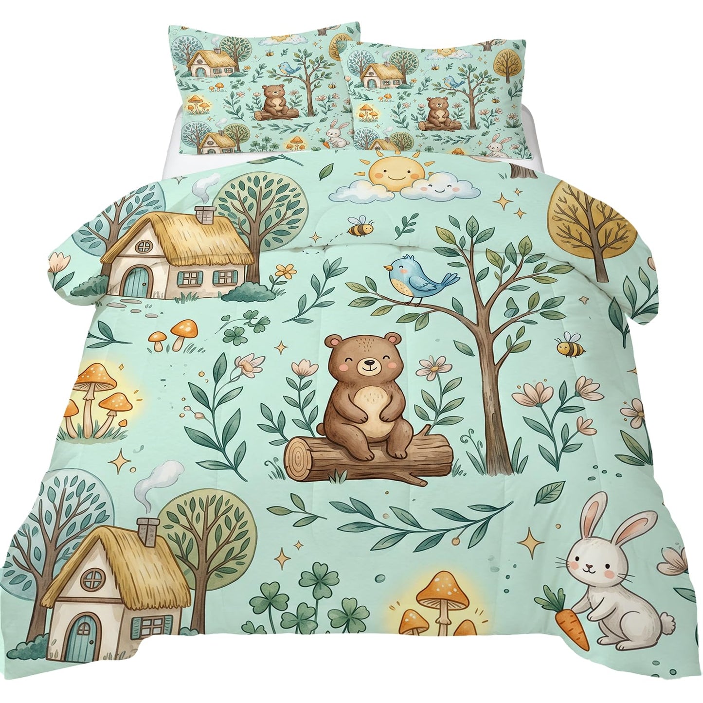 DJNEAR Cute Woodland Animal Comforter Set Twin Size, Bear and Rabbit Print for Kids Boys Girls Teens, Soft Microfiber Room Decor 1 Comforter 1 Pillowcase