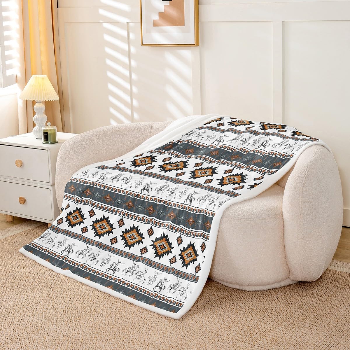 Feelyou Western Cowboy Sherpa Blanket Southwestern Aztec Fleece Throw Blanket Boys Girls Horse Riding Design for Bed Couch Chair Living Room Ranch Farmhouse Bedroom Decor Blue Brown 40"x50"