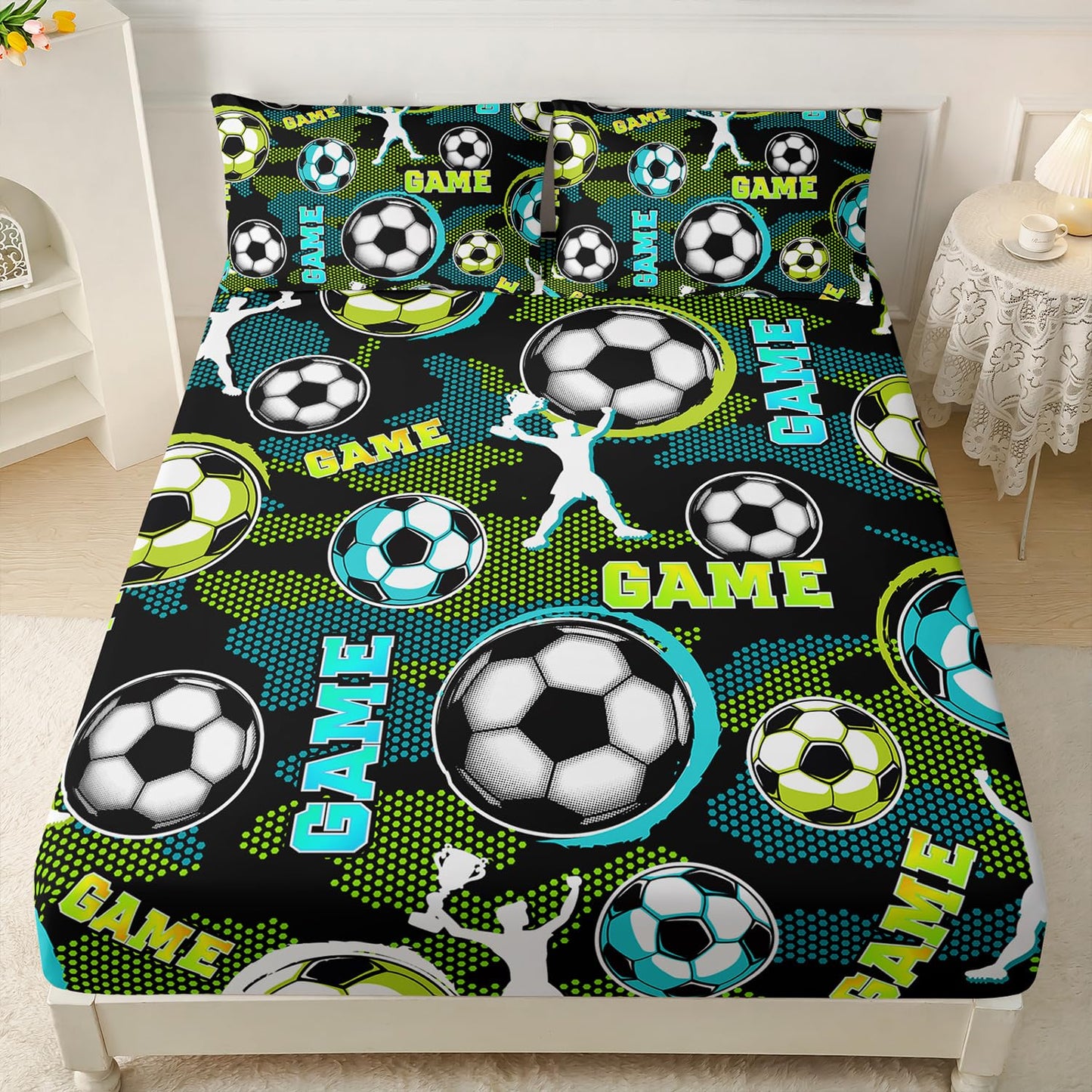 HOSIMA Soccer Twin Fitted Sheet for Boys Room Decor,Athletes Holding Trophies Pattern Sports Bedding for Kids Teens,Blue Green Honeycomb Background,1 Fitted Sheet+2 Pillowcases.