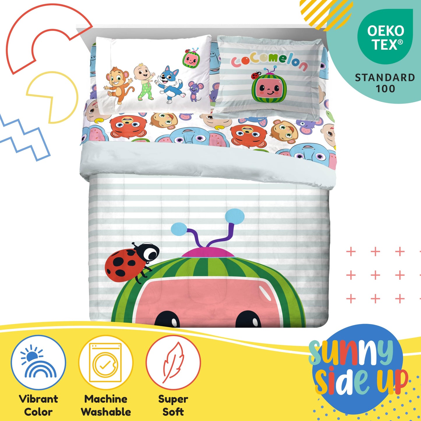 CoComelon Full Size Comforter Set - 7 Piece Kids Bedding Includes Comforter, Sheets & Pillow Cover - Super Soft Microfiber Animal Bed Set