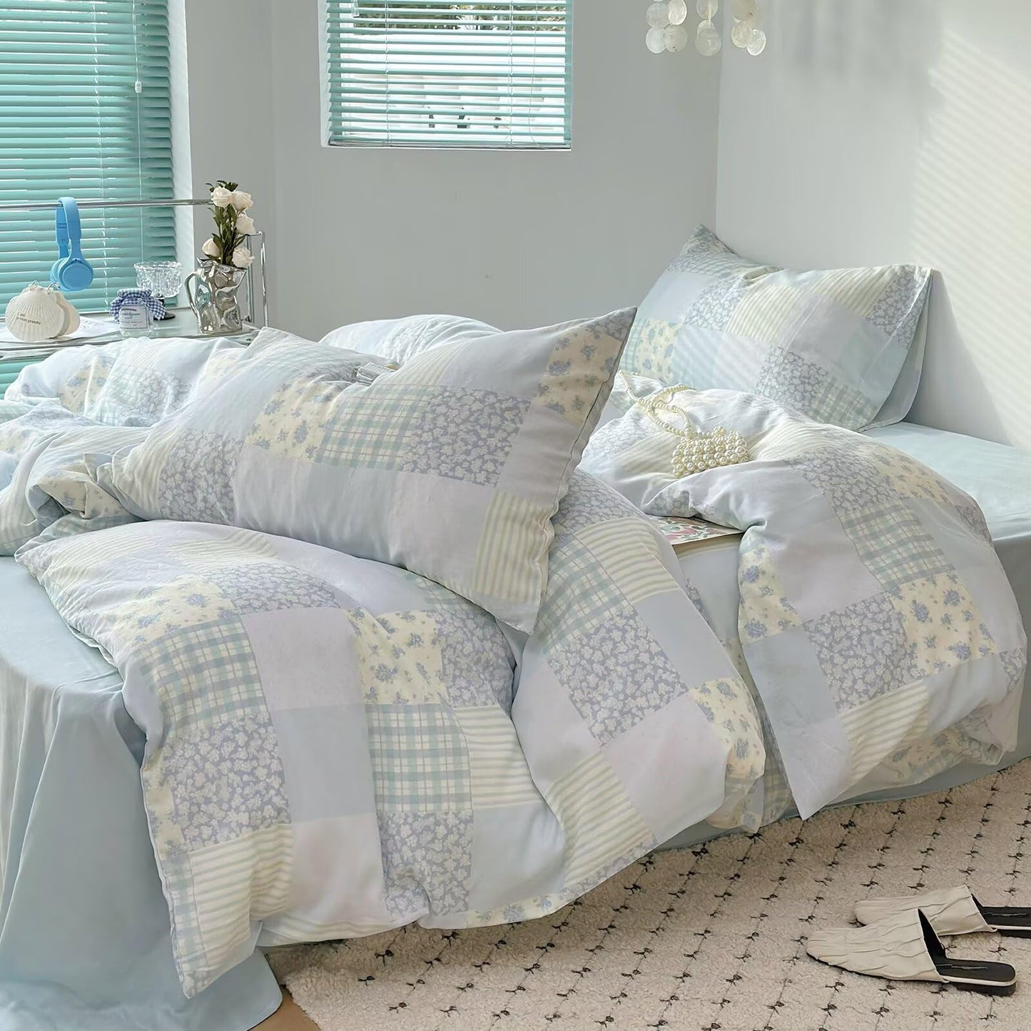 BuLuTu Luxury Muslin Cotton Duvet Cover Set Queen Size, Light Blue Striped Floral Duvet Covers Breathable Comfy Bedding Comforter Cover for Summer, Zipper Closure, Machine Wash