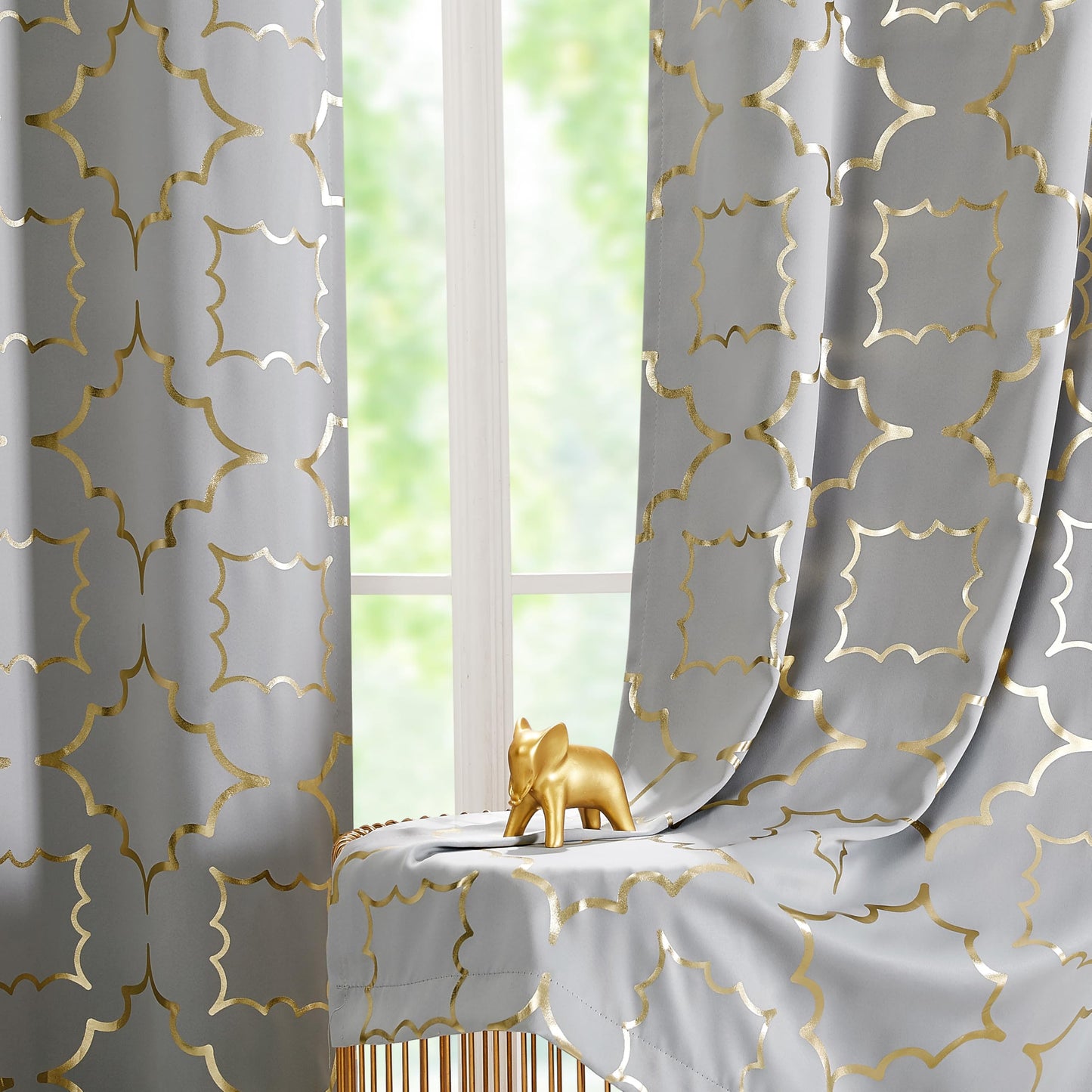 Purainbow Grey Blackout Curtains for Bedroom 90 Inch Long with Gold Foil Moroccan Panels Energy Efficient Drapes for Living Room Decor, Thermal Insulated Window Treatments Grommet Top, 2 Panels