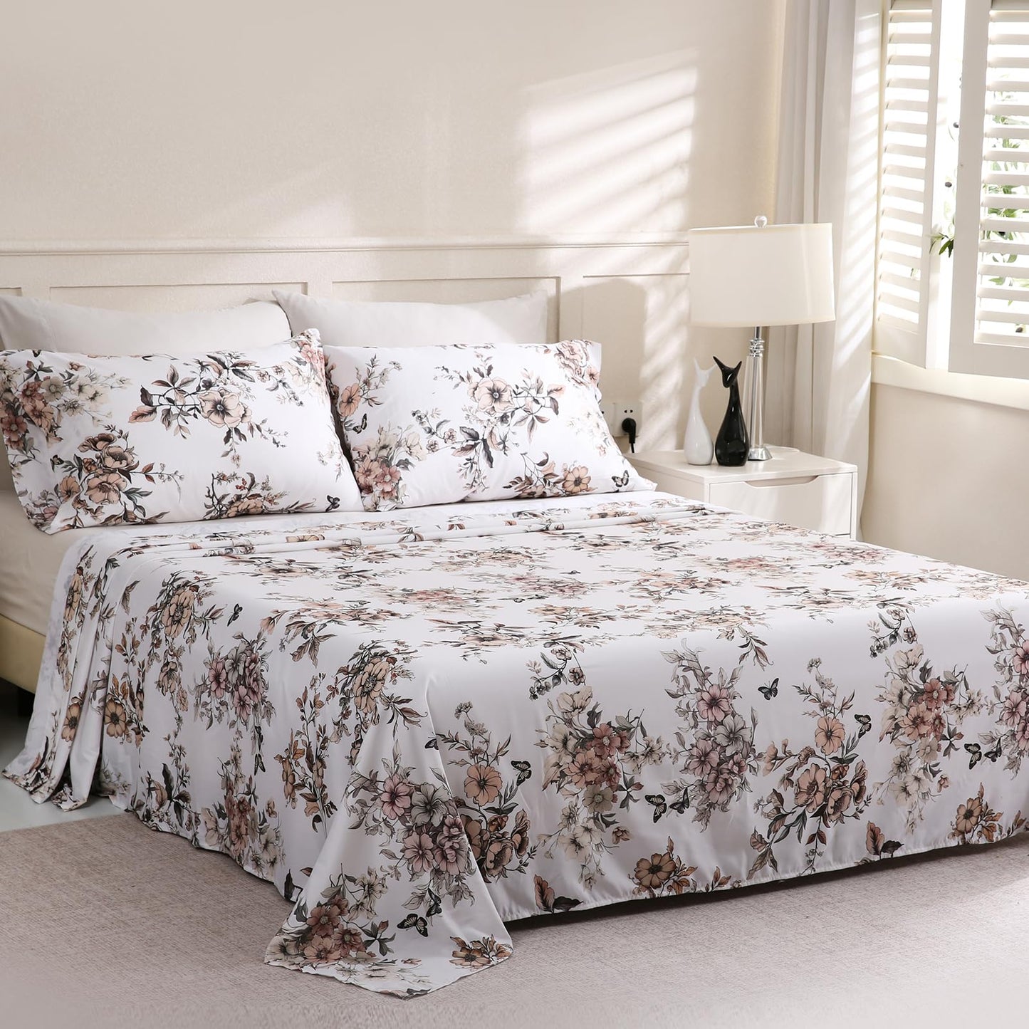 LONAVA Floral Queen Size 6 Pcs Sheet Set, Breathable Microfiber Deep Pocket Light Grey Fitted Sheets, Comfy & Breathable Patterned Flat Sheets,4 Gentle Soft Pillowcases, Withered Flowers
