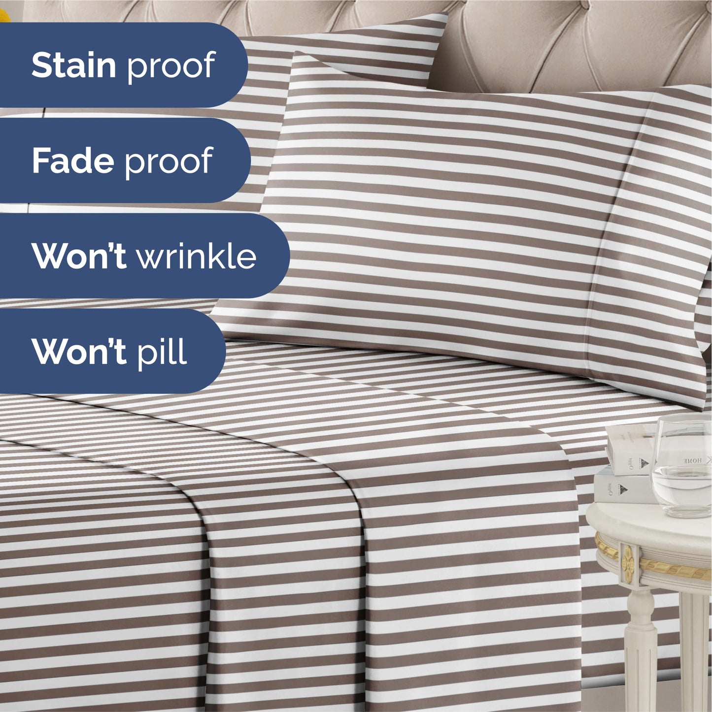 Striped Sheets - Brown Striped Sheets - 1 Flat & 1 Fitted & 2 Pillowcases w/ Deep Pockets – Comfy, Wrinkle & Fade Free - Soft, Breathable and Cooling – Luxury Pinstripe Bedding - Queen Size Bed Set