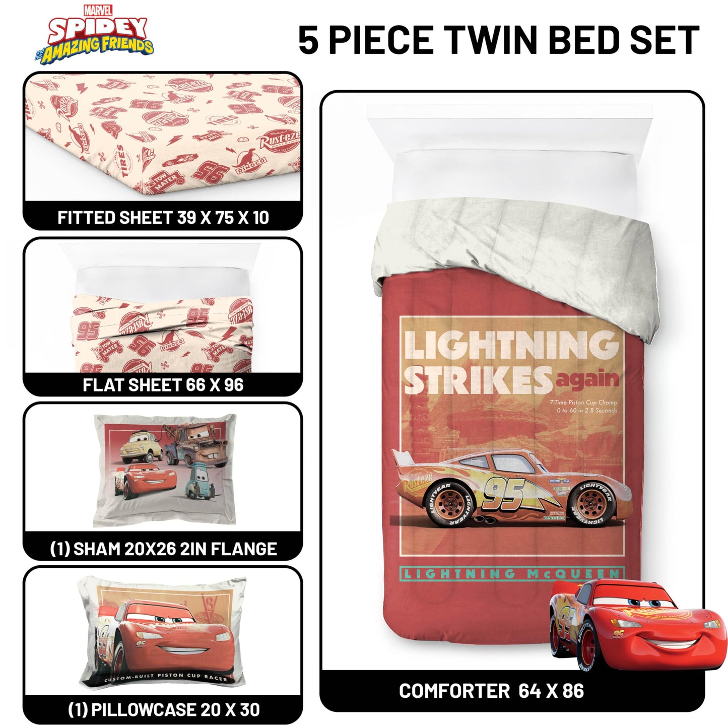 Jay Franco Kids Comforter Set Includes Sheets and Pillow Covers - Soft and Cozy Bed Set for Stylish Room Decor, Official Licensed Bedding, Red - Cars, 5 Piece Twin