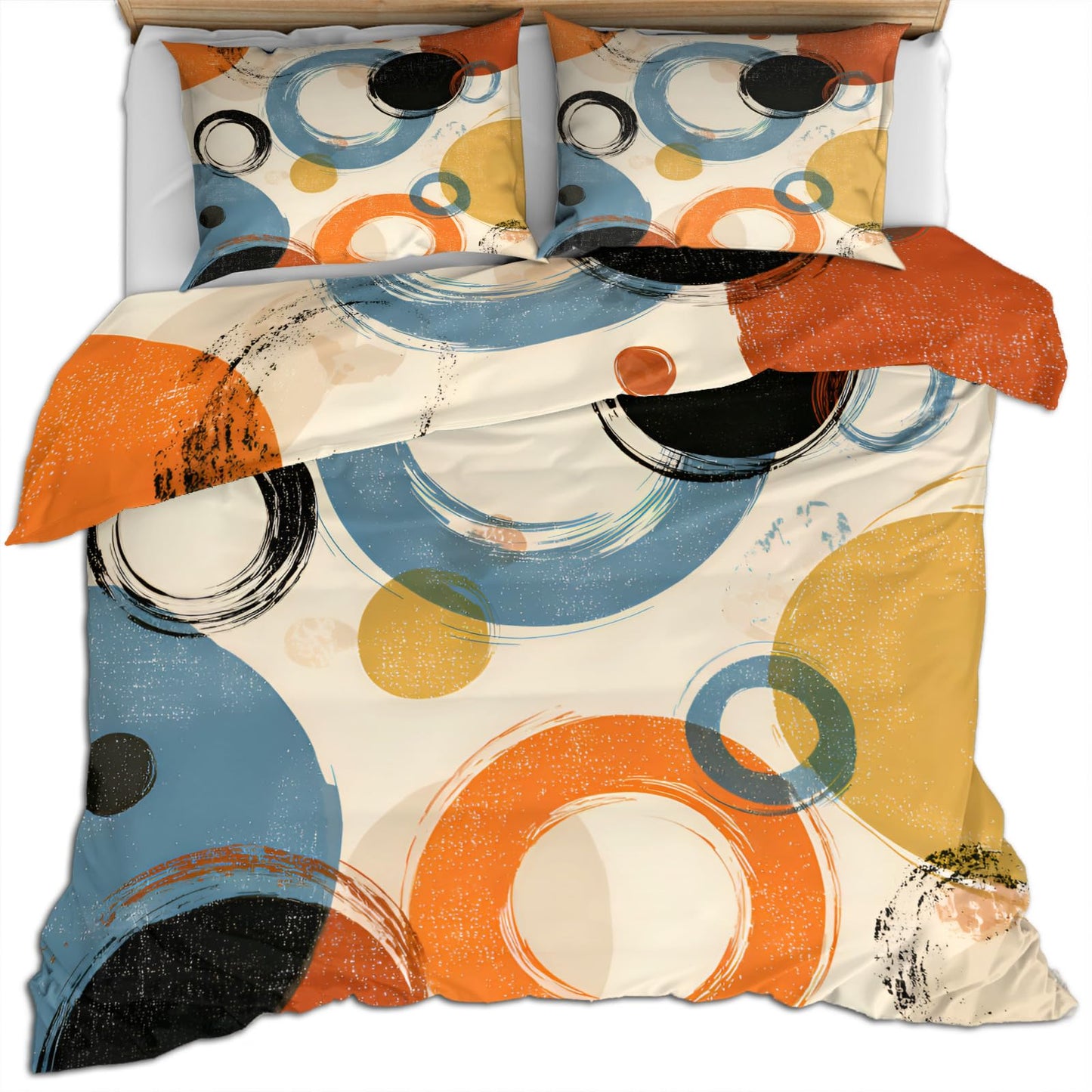 QINYUN Retro Dirt Duvet Cover Queen Size, Abstract Circle Geometry Art Bedding Set 3 Piece Bedroom Decor Farmhouse Comforter Cover with Zipper Ties & 2 Pillowcases