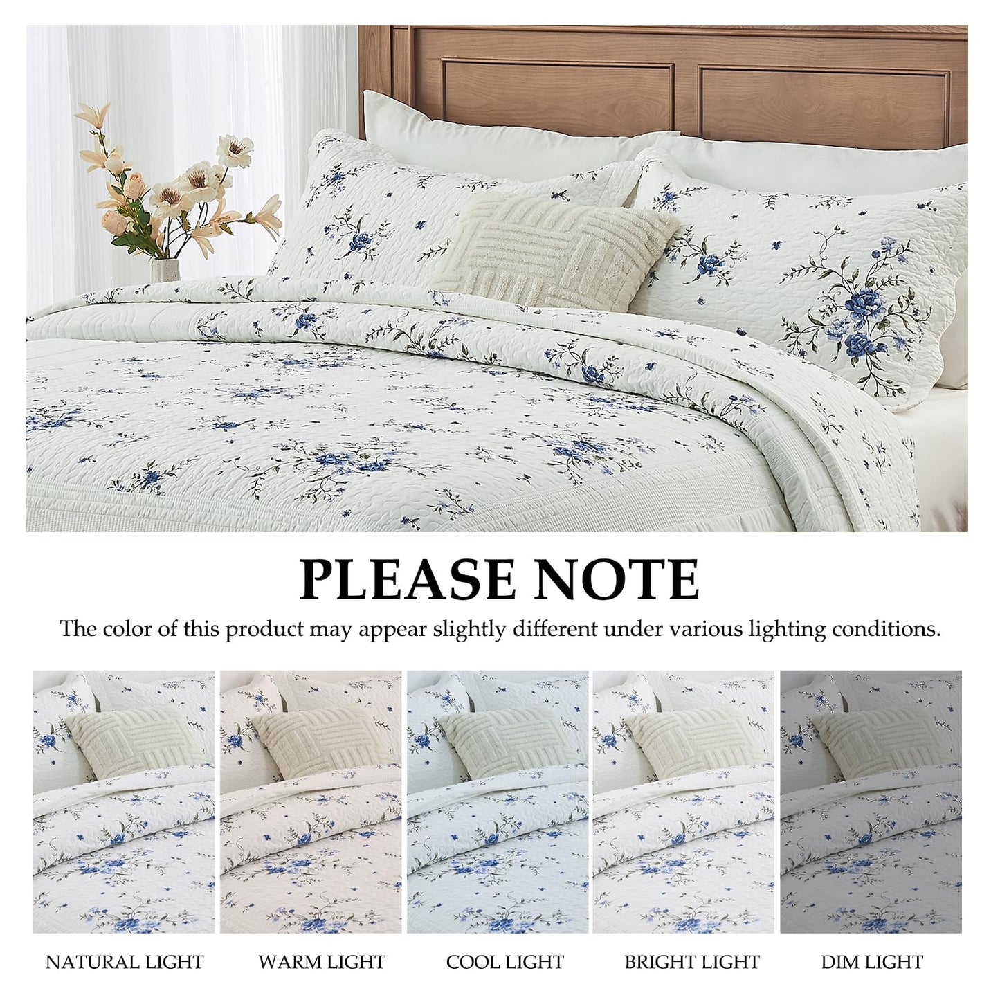 CozyStitch Floral Bedspread 128"x120" California King Quilt, 100% Cotton XL Oversized King Bedspread Coverlet Set with 2 Pillowshams, Lightweight Farmhouse Quilted Comforter, White/Blue/Green, 3 Pcs