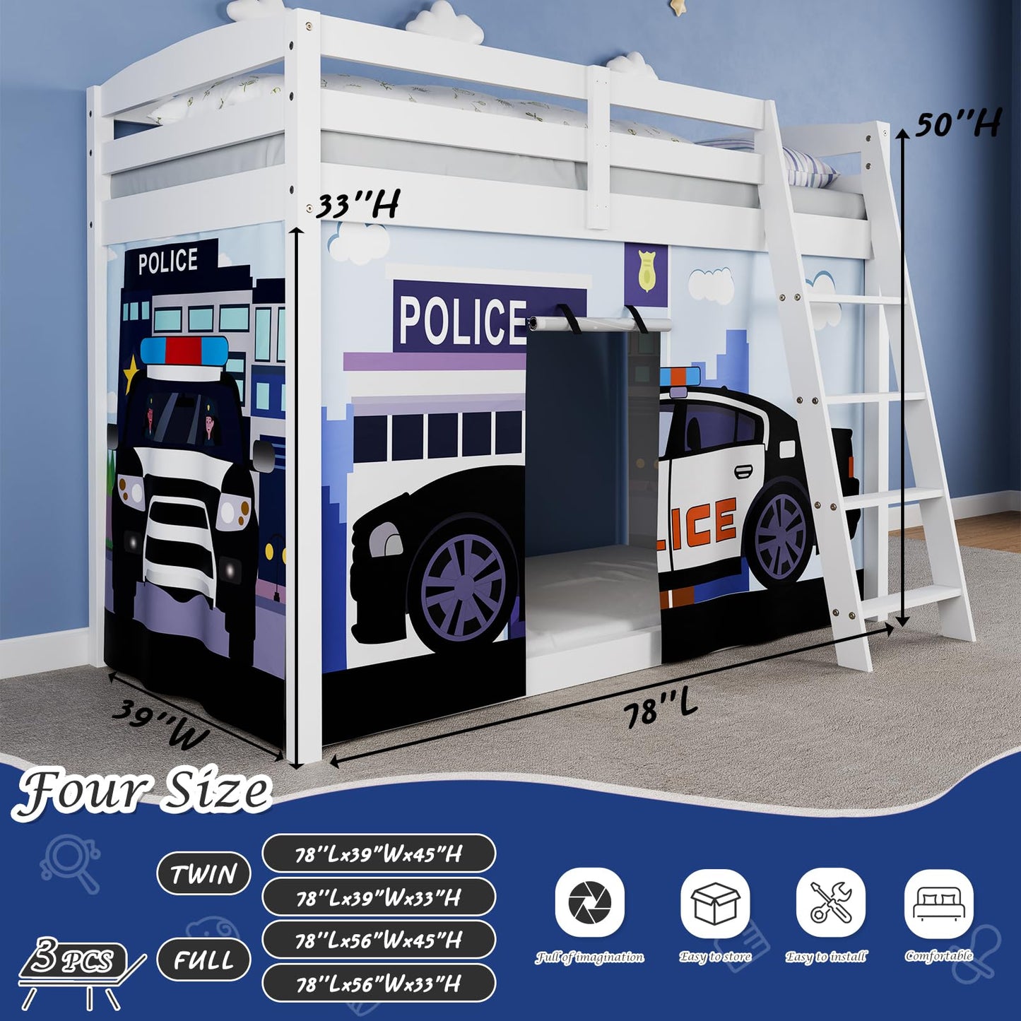 YRDKB Police Car Bed Curtains - 33H Premium and Customizable Cartoon Loft Bed Curtains for Children to Enhance The Imaginative Creation Bedroom Curtains(3PCS,Twins)