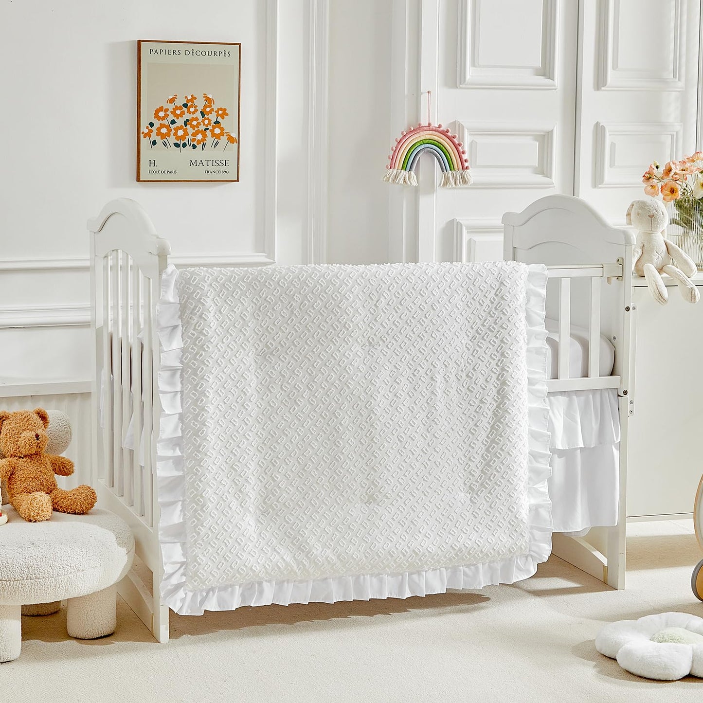 3 Pieces Tufted Crib Bedding Set with Ruffle Fringe, White Ruffled Comforter with Fitted Sheet and Bed Skirt , Soft and Embroidery Shabby Chic Boho Bohemian Jacquard Design for Baby Girls Boys