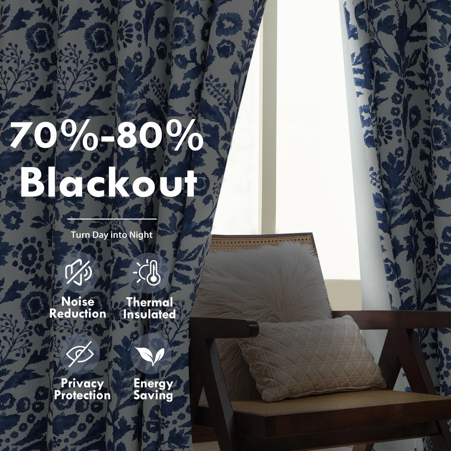 DriftAway Julia Blackout Curtains for Bedroom Navy Floral Watercolor Pattern Double Layer Thermal Insulated Sound Reducing Room Darkening Drapes for Living Room Grommet 2 Panels Each W52 x L84 Navy