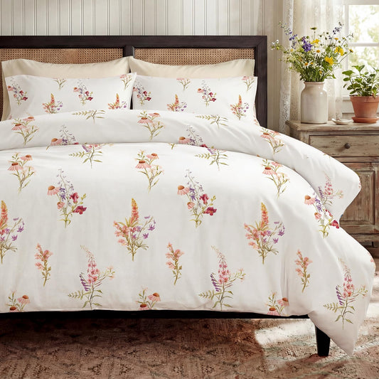 Bedorm King Size Duvet Cover Set 100% Cotton Bedding 3 Pieces Set Pink Daisy Wild Floral Print Cottage Core Bedding Set Soft & Breathable Duvet Cover with Zipper Closure