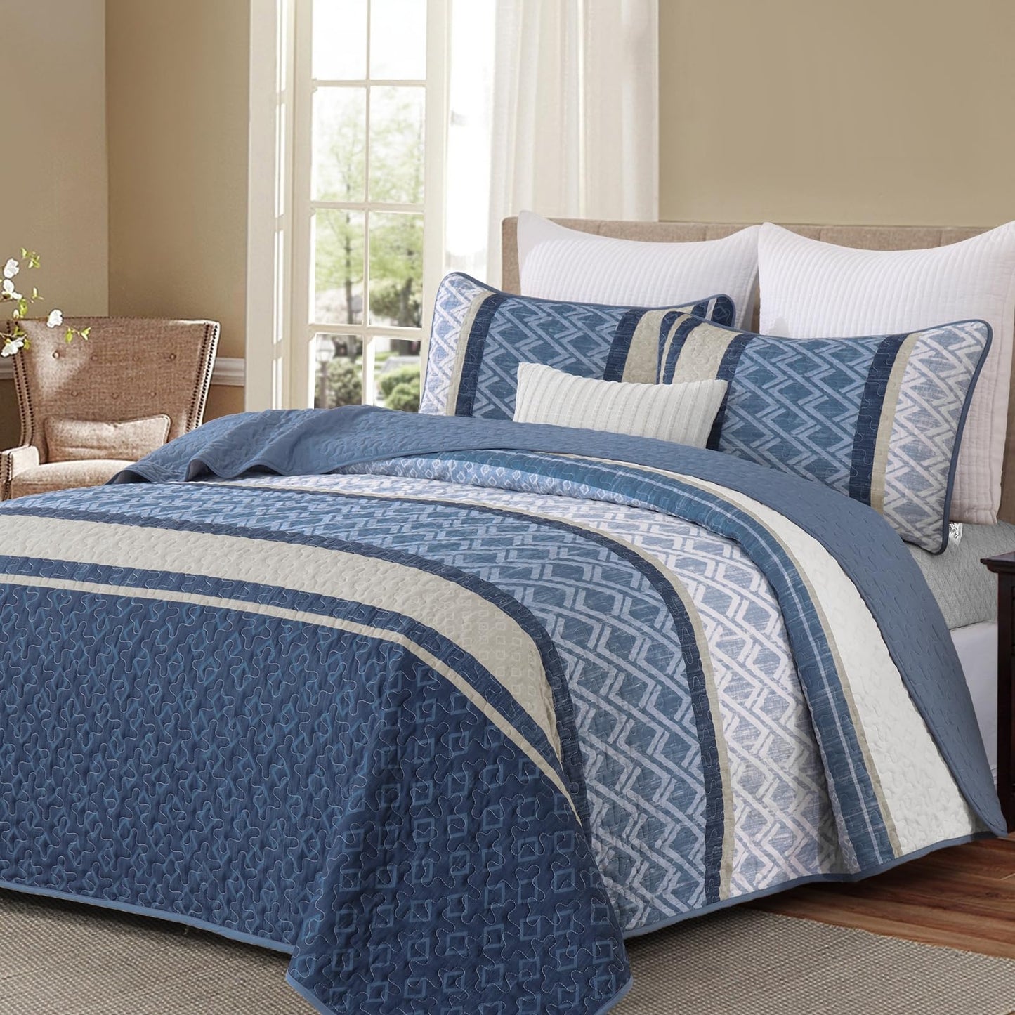 Dinjoy Boho Queen Quilt Set, Blue Striped Bedspread Queen Size,Navy Blue Bedding Sets 3 Pieces Micofiber Lightweight Fall Quilts with 2 Pillow Shams Coverlet Bed Sets for Women Men 96''x90''