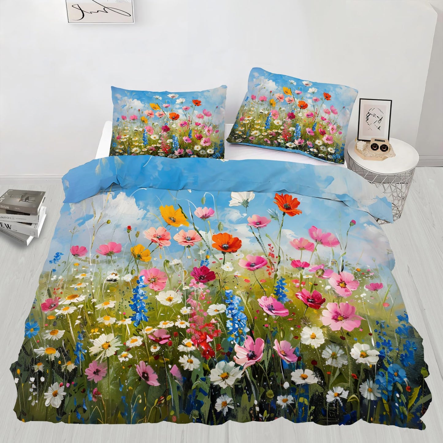 QINYUN Floral Comforter Set Oversized King, Blue Sky Flowers Bedding Set 3 Piece, Vibrant Wildflowers Duvet Cover with Zipper & Ties, 2 Pillowcases