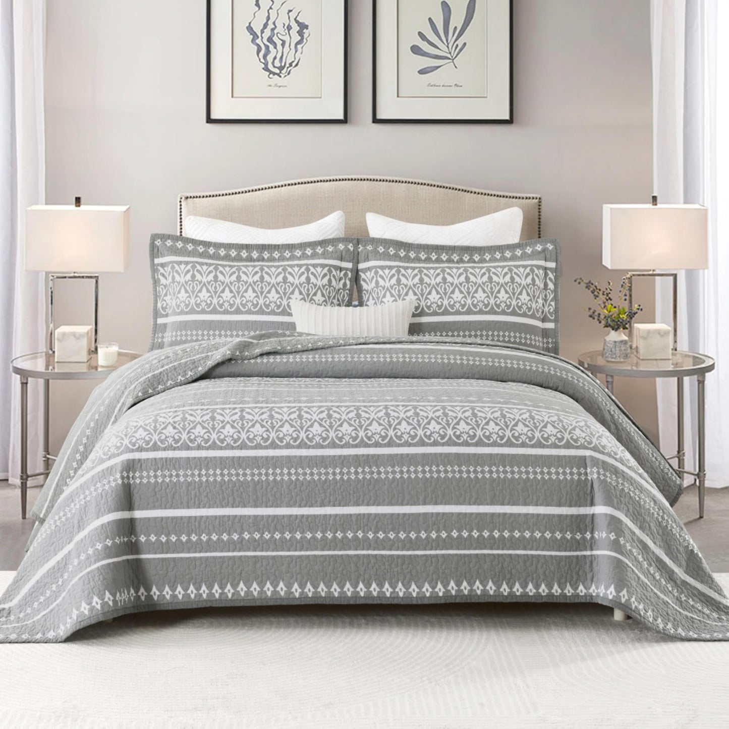 BCOTTOND Queen Quilt Set 100% Cotton Boho Queen Quilt,Grey Bohemian Striped Pattern Bedspread Queen Lightweight Quilt Bedding Set Comforet Set All Season 3 Piece