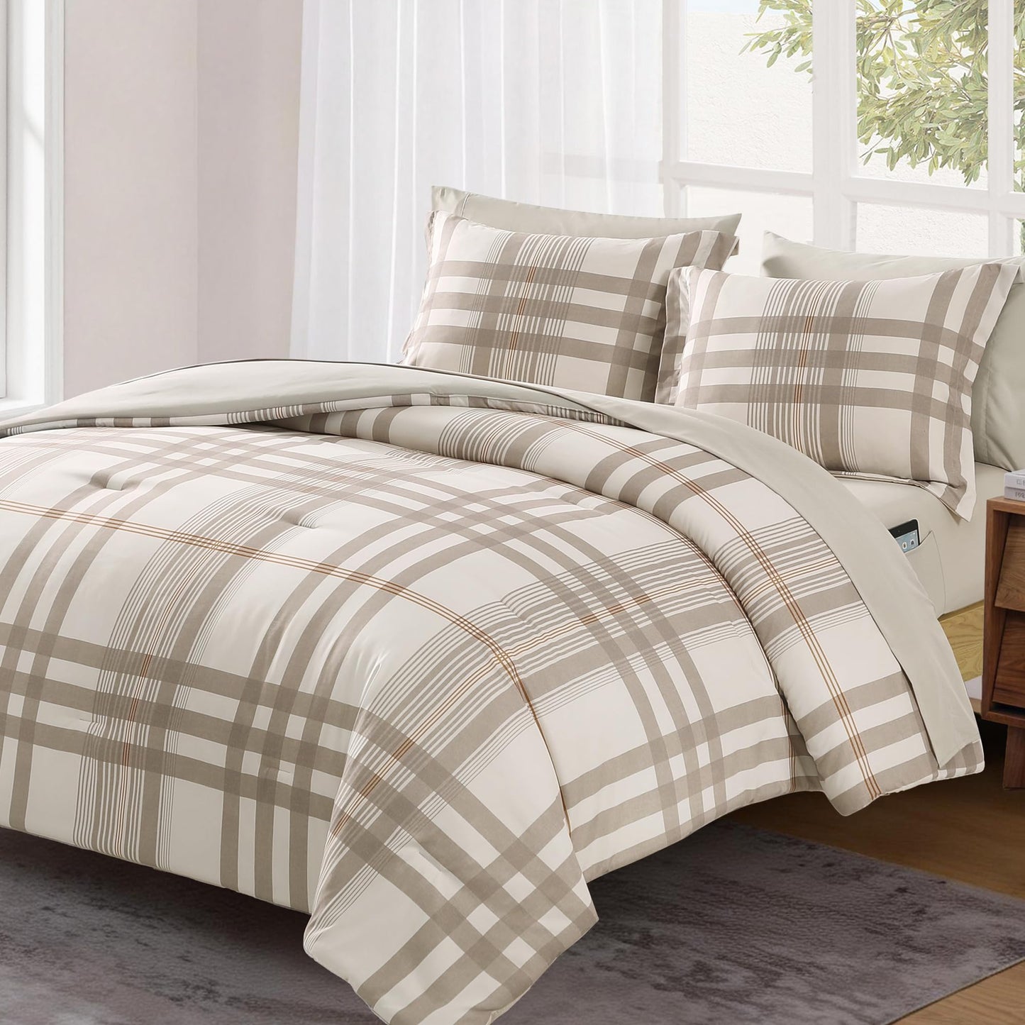 MaiRêve Queen Comforter Set Brown Grey, Classic Plaid Farmhouse Bedding Sets 7 Pieces, All Season Lightweight Bed in a Bag with Sheets, Pillowcases & Shams