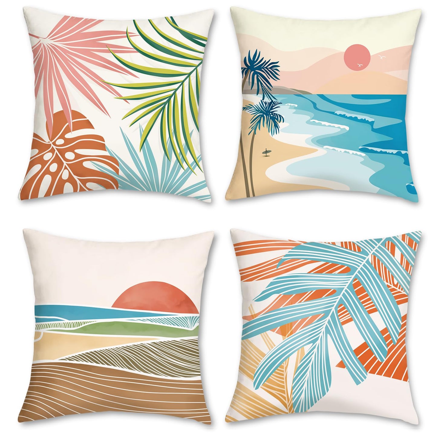 Bonhause Modern Tropical Summer Pillow Covers 18x18 Inch Set of 4 Palm Leaves Beach Decorative Pillows Case Soft Velvet Tropical Outdoor Decoration for Patio Garden Bed Home Decor