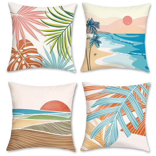 Bonhause Modern Tropical Summer Pillow Covers 18x18 Inch Set of 4 Palm Leaves Beach Decorative Pillows Case Soft Velvet Tropical Outdoor Decoration for Patio Garden Bed Home Decor