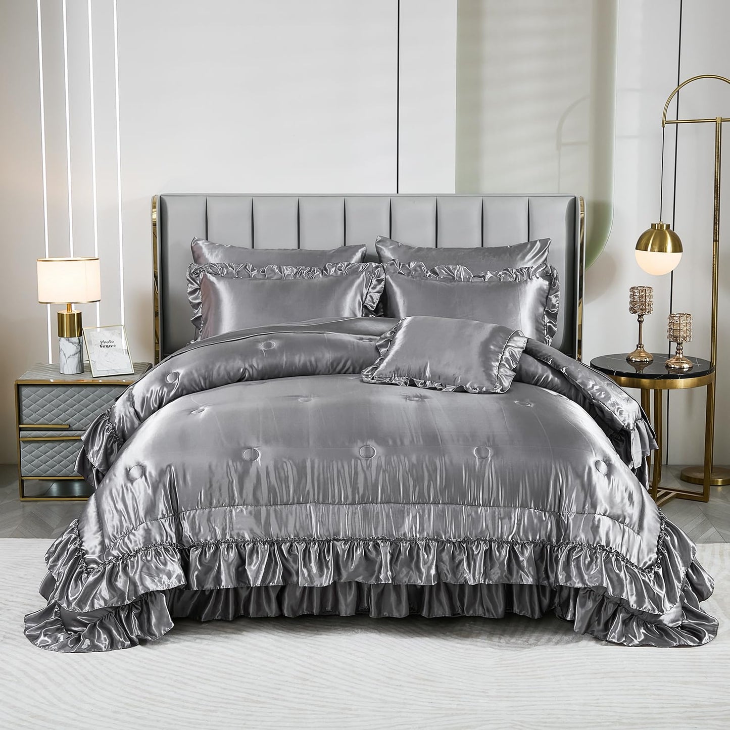 Grey Satin Comforter Set with Sheets,Silk Like Satin Ruffle Bed Duvet Set,Silky Luxury Bed in a Bag King Bedding Set 8 Pcs,1 Comforter,4 Pillowcases,1 Flat Sheet,1 Fitted Sheet,1 Cushion Cover