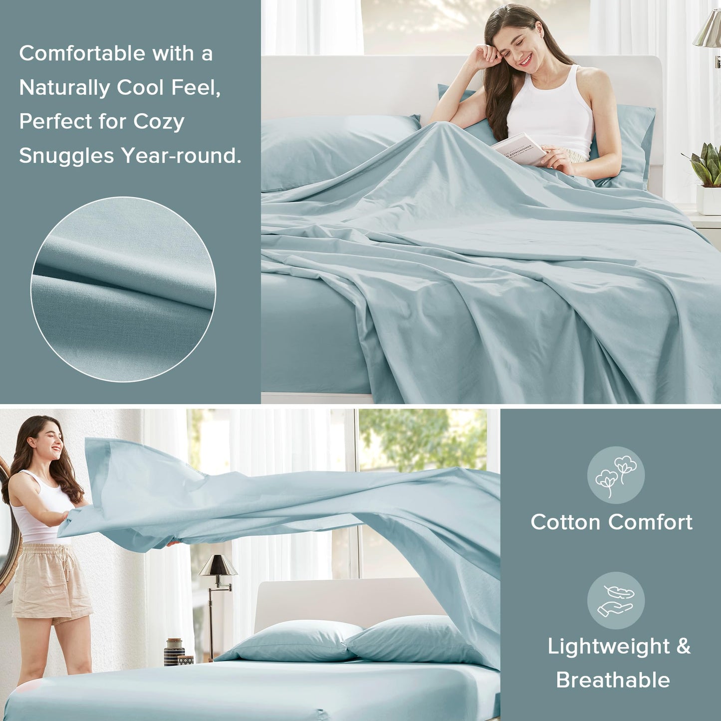Comfort Spaces 100% Cotton Sheets King, Breathable & Soft Cotton Sheets, Naturally Cool Cotton Bed Sheets with 14" Elastic Pocket Fits up to 16" Mattress, All Season Sheet Set, Light Blue 4 Piece