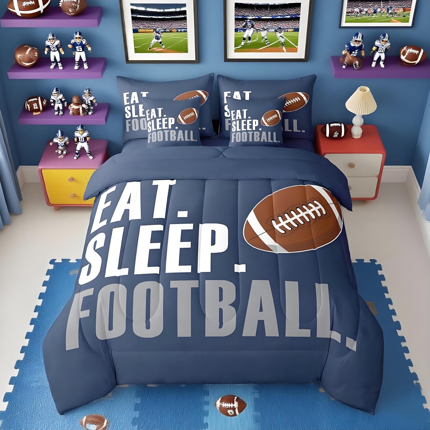 Feelyou Boys Football Comforter Set 7 Pieces Twin Size American Sports Bedding Set for Kids Adults Navy Blue Rugby Bed in a Bag Ball Games Room Decor Football Player Gift