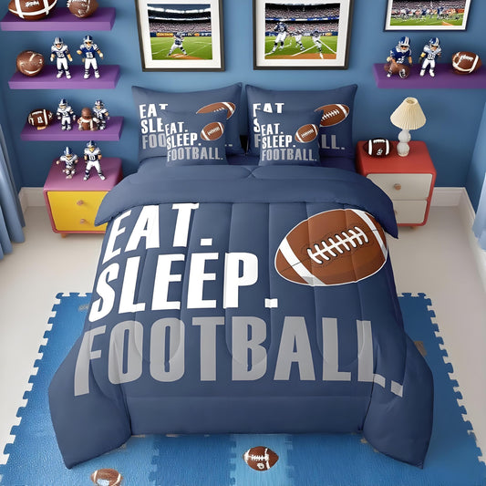 Feelyou Boys Football Comforter Set 7 Pieces Twin Size American Sports Bedding Set for Kids Adults Navy Blue Rugby Bed in a Bag Ball Games Room Decor Football Player Gift