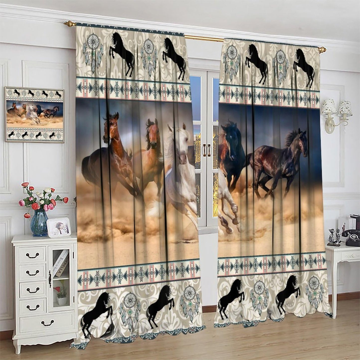 LOMADIA Horse Blackout Curtain, Western Rustic Farmhouse Aztec Style Drapes Farm Animals Run Horse Window 2 Panels Rod Pocket Curtain for Kitchen Living Room Bedroom Office Decor 42x45in