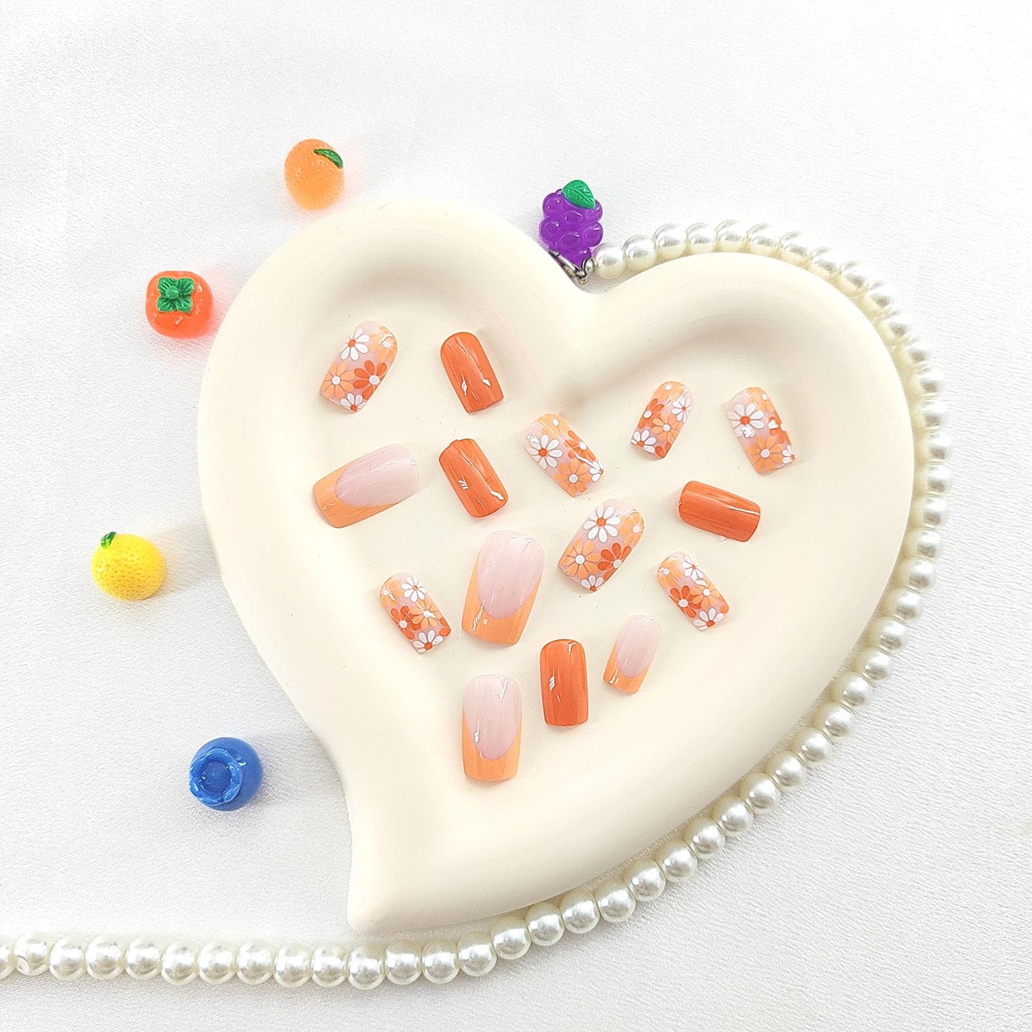 Medium Square Press on Nails Yellow French Tip Fake Nail with Flowers Design Orange Full Cover Glossy Acrylic Nails Press ons Spring Glue on Nail for Girls 24Pcs