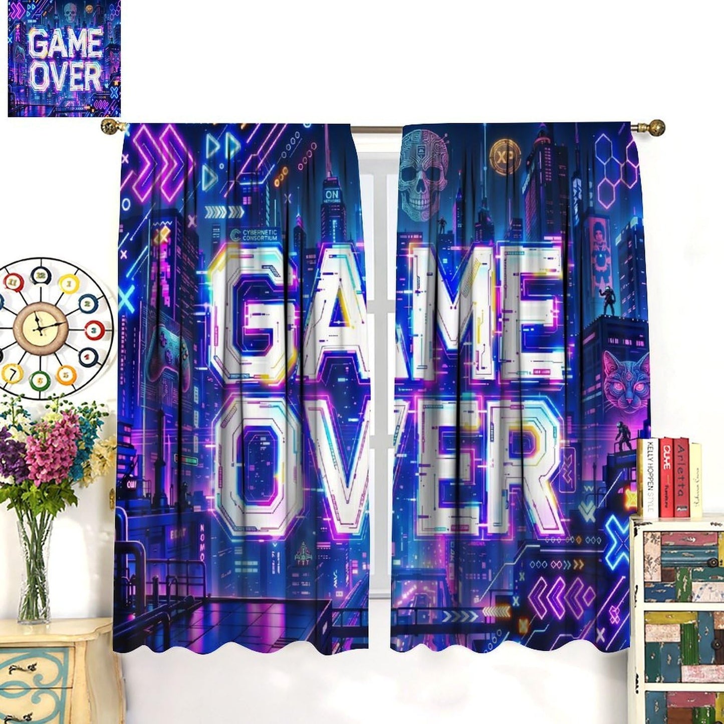 VUMIVI Game Over Curtains Cyberpunk Neon Cityscape Video Game Futuristic Tech Skull Rod Pocket Window Treatments for Boys Bedroom Gamer Room Apartment Dorms Cafe 42" W X 44.5" L