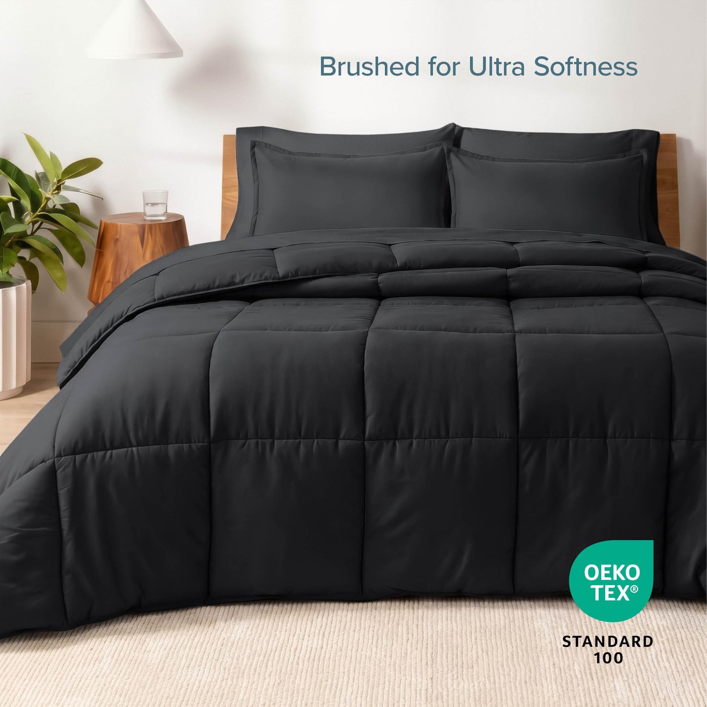 Bare Home Bed-in-A-Bag 5 Piece Comforter & Sheet Set - Twin XL - Goose Down Alternative - Ultra-Soft 1800 Premium Bed Set (Twin XL, Black/Black)