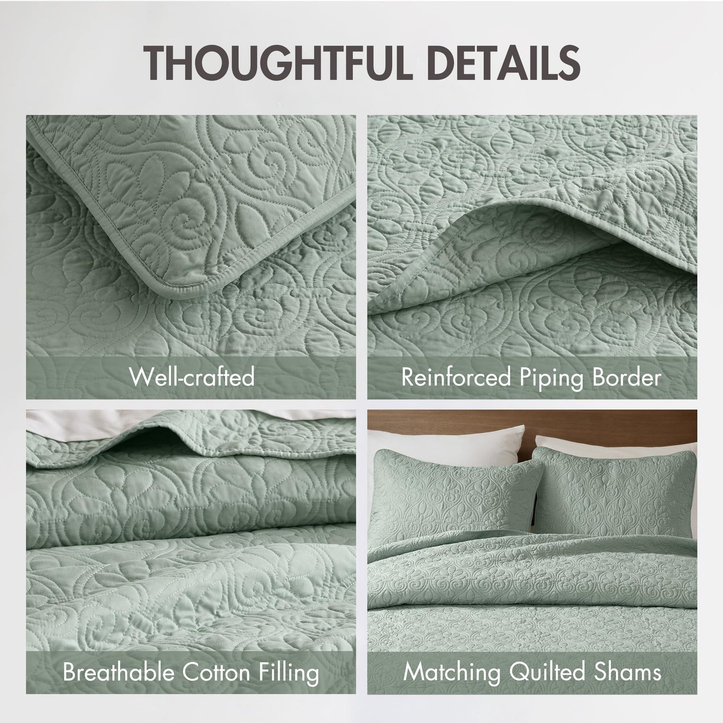 Madison Park Quebec Reversible Quilt Set Damask Design, Double Sided Stitching All Season, Lightweight Bedspread Bedding Set, Matching Sham, Seafoam, Full(96"x110") 3 Piece