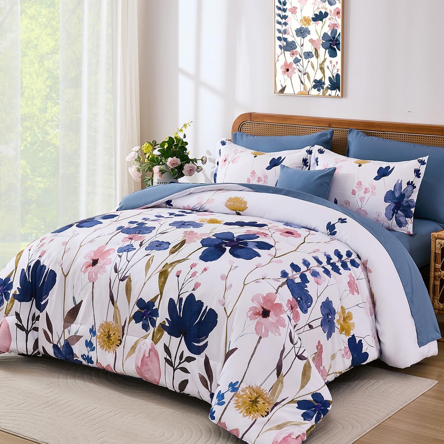 Anibedding Blue Floral Comforter Set Queen Size, 8 Piece Botanical Flower Bed in a Bag, Reversible Design Comforter Soft Microfiber Complete Bedding Sets for All Season (Blue, 90"x90")
