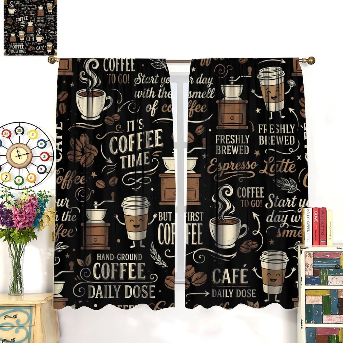 PHTAYOT Coffee Curtains Brown Beans Cups Abstract Letters Afternoon Tea Theme Pattern Blackout Window Drapes for Kitchen Living Room Bedroom,42x54 Inch,2 Panels