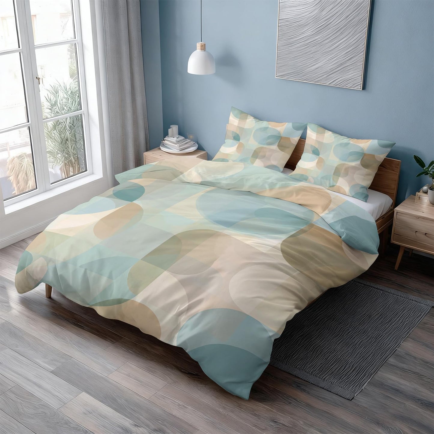 Abstract Geometry Duvet Cover Twin Size, Mid Century Modern Bedding Set 2 pcs with 1 Pillow Cover, Geometric Bedroom Decor, Soft Microfiber Reversible, Zipper & Ties KJJT 15