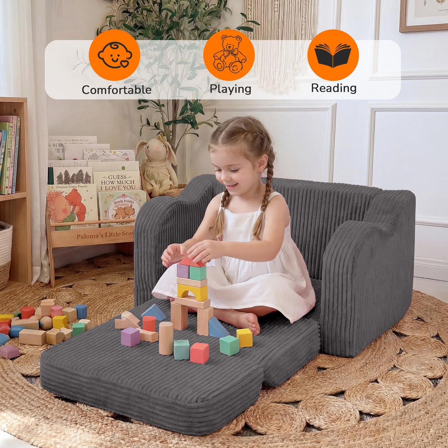 MeMoreCool Kids Chair Comfy for Ages 3+, Corduroy Kids Couch Fold Out, 2-in-1 Foldable Kids Armchair, Pull Out Children Sofa, Dark Grey