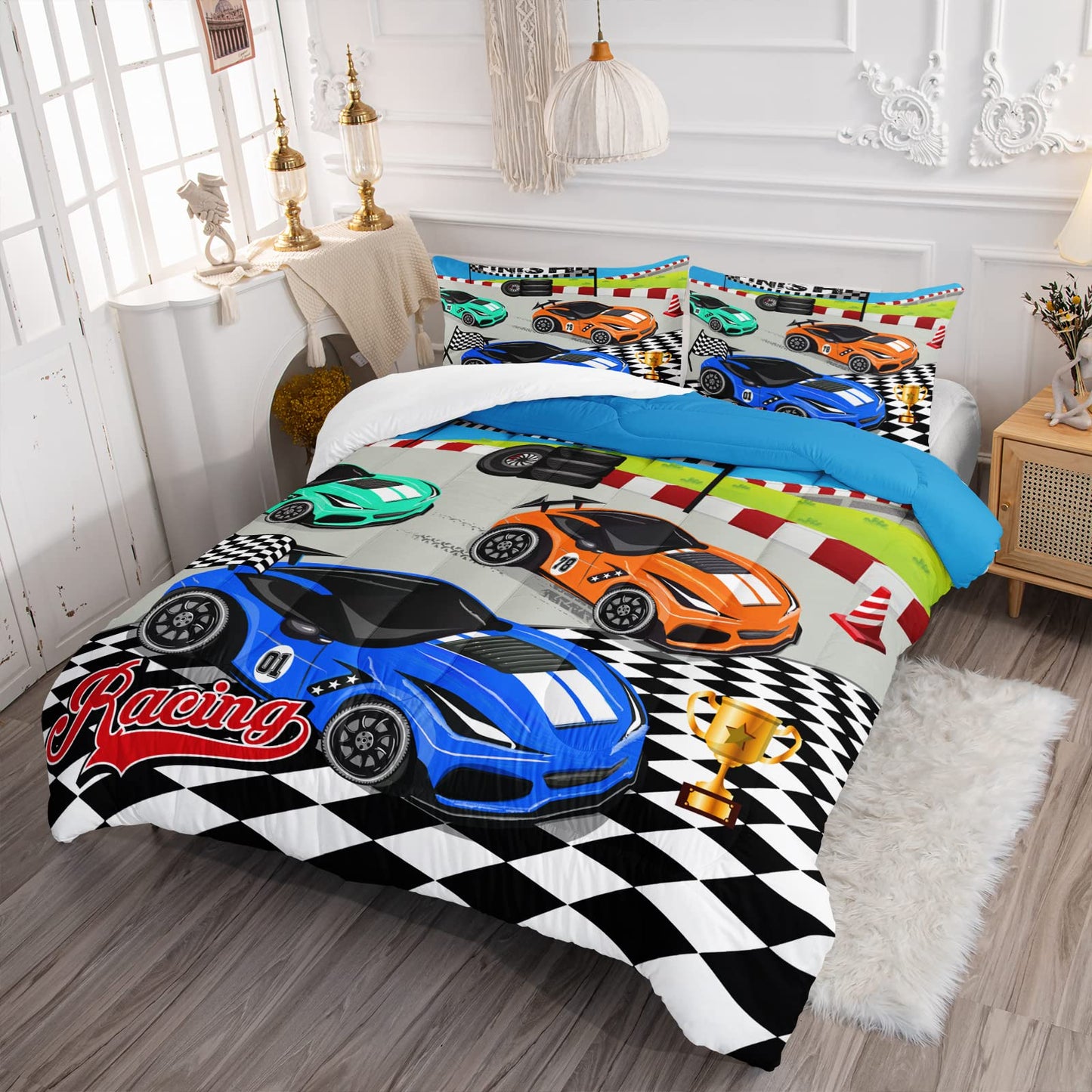 Axolotl Racing Car Bedding Set Twin,Cool Speed Race Car Down Comforter for Kids Boys Girls Teens,Car Theme Quilt with Three Cars Arrive at Finish,1 Comforter and 2 Pillowcases