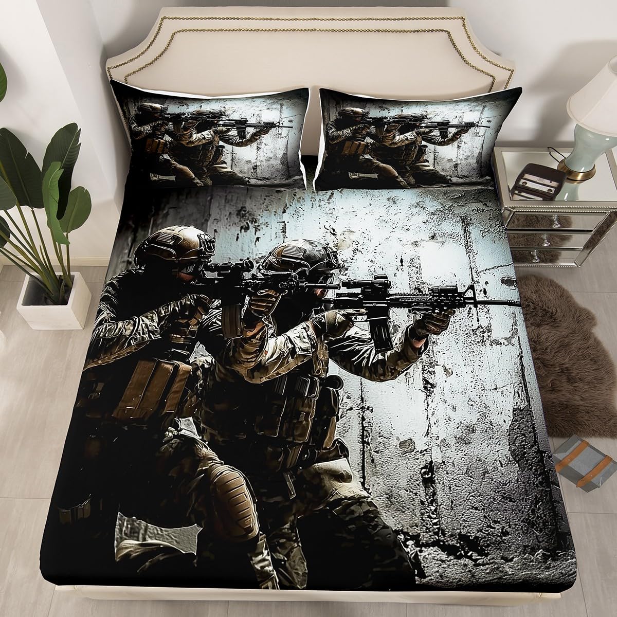 American Soldier Fitted Sheet, Boys Teens Under Mission Sheet Set, Rifle Machine Gun Bedding Set, Army Military Camo Fitted Bed Sheets Twin Camouflage Bedroom Decor for Youth Man No Top Flat Sheet