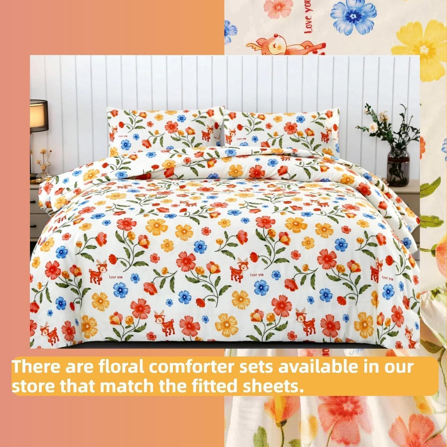 SDIII Reindeer and Floral Queen Fitted Sheet with 2 Pillowcases, Deep Pocket Soft Microfiber Fawn and Floral Sheet Queen Size All Season