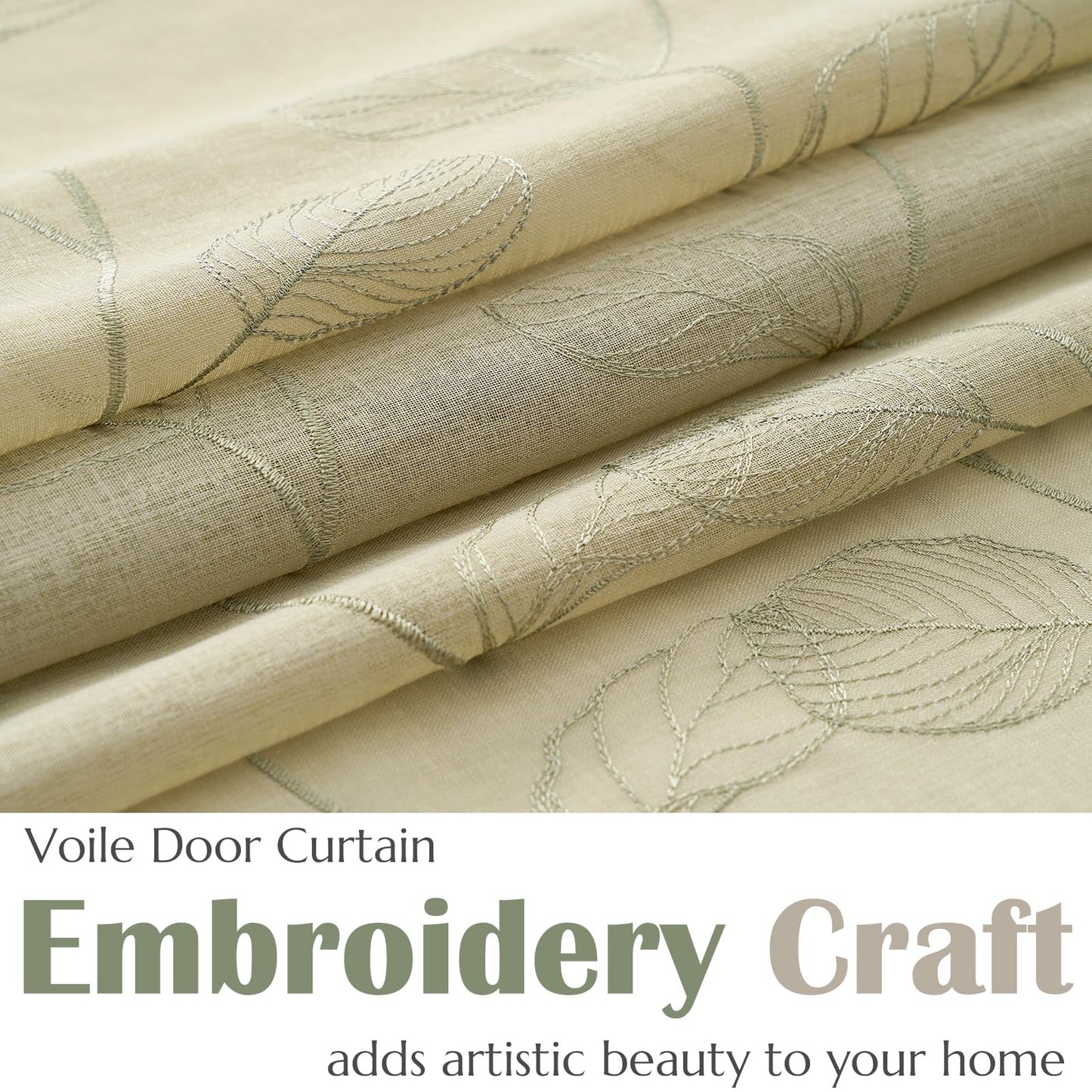 jinchan French Door Curtain Privacy Rustic Leaf Embroidered Semi Sheer Voile Front Curtain for Window Doorway Closet, Door Panel with Tieback Rod Pocket 1 Panel 55W x 40L Inch Sage Green